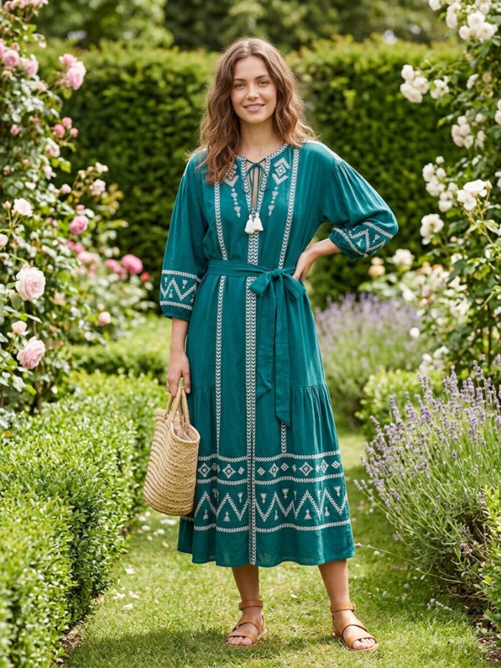 Zara Green White Bohemian Tie Neckline Balloon Sleeves Front Slit Maxi Dress S